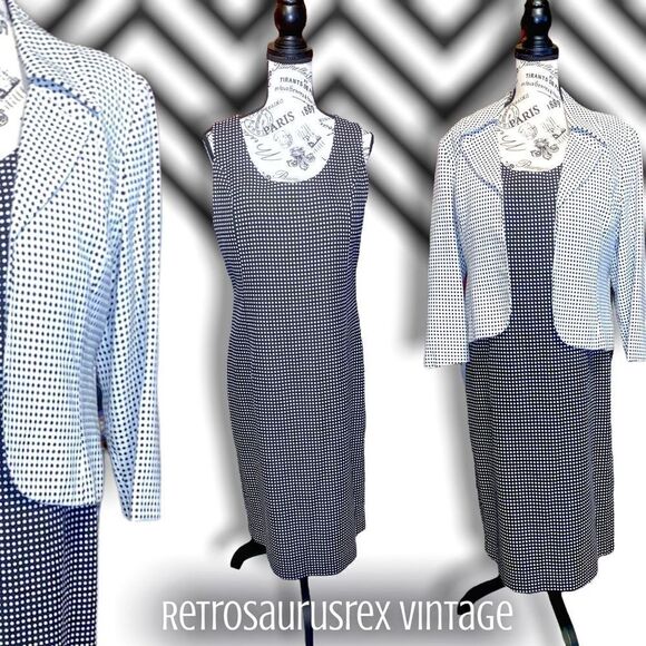 Vintage Dresses & Skirts - Vintage 1990’s Rockabilly Twee Black & White Polka Dot Sheath Dress & Blazer, La